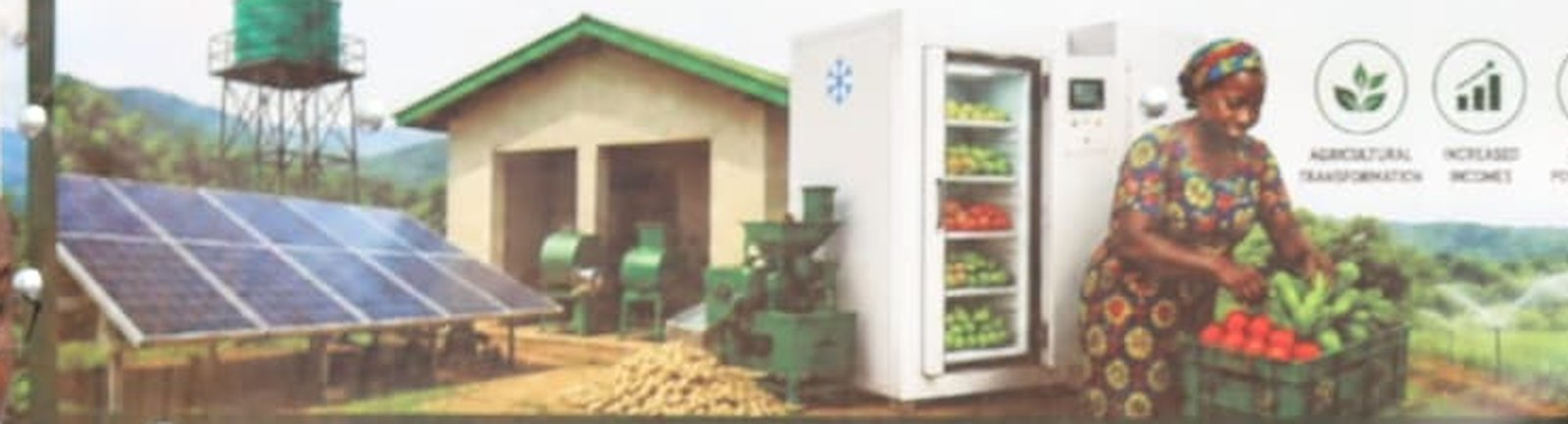 Illustration of an agro-energy hub: solar array, processing equipment, cold storage, a woman packing produce, and irrigated fields.